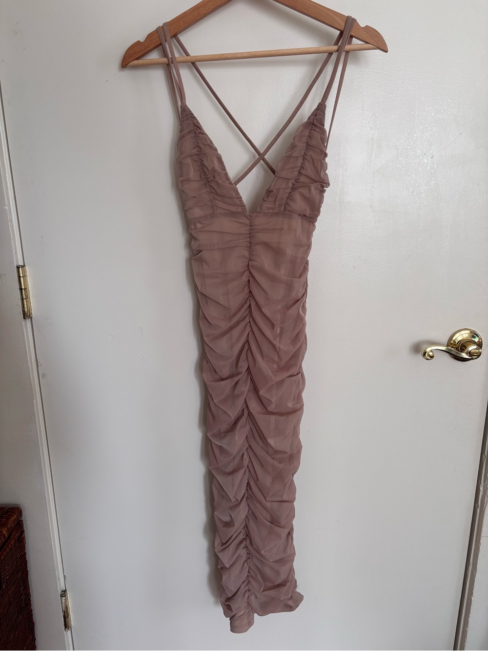 Michael Costello x REVOLVE Ruched V-Neck Fiji Dress in Taupe